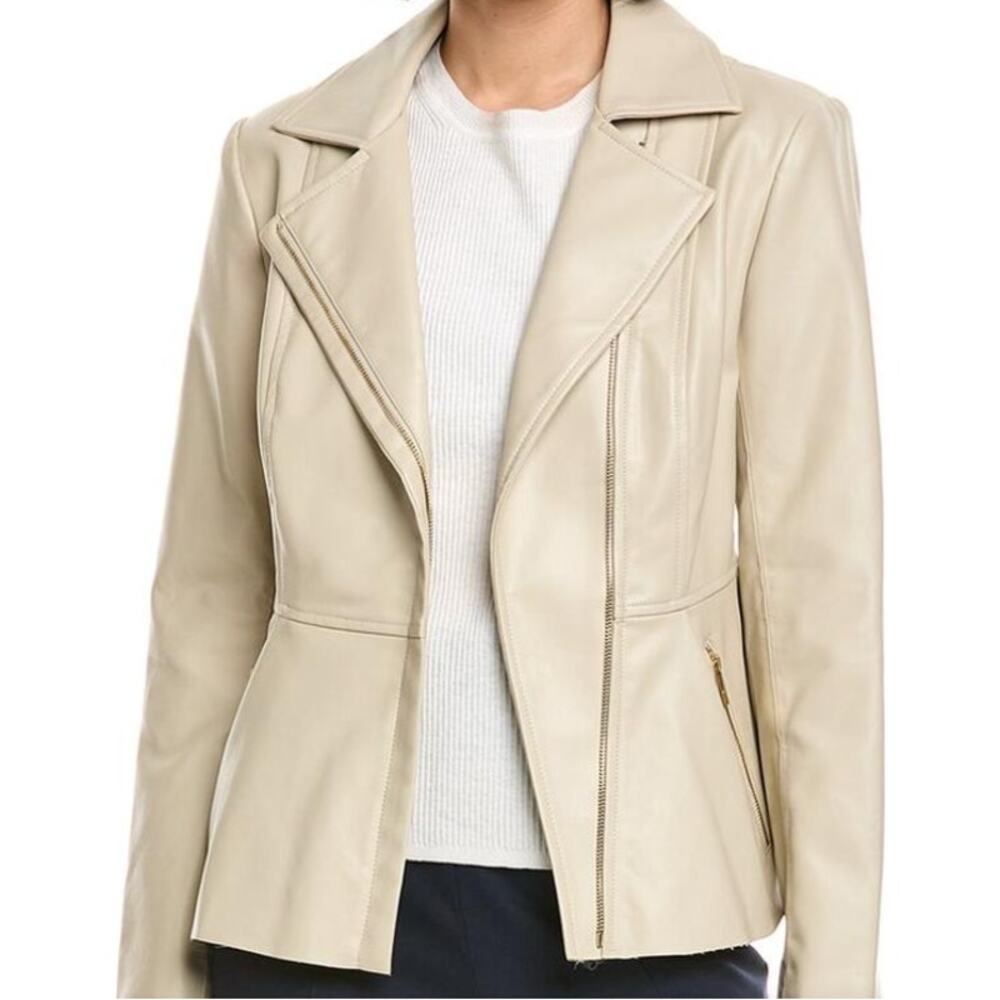 NWT - Via Spiga Peplum Moto Jacket - Sz Small - Tan/Beige - Vegan Leather